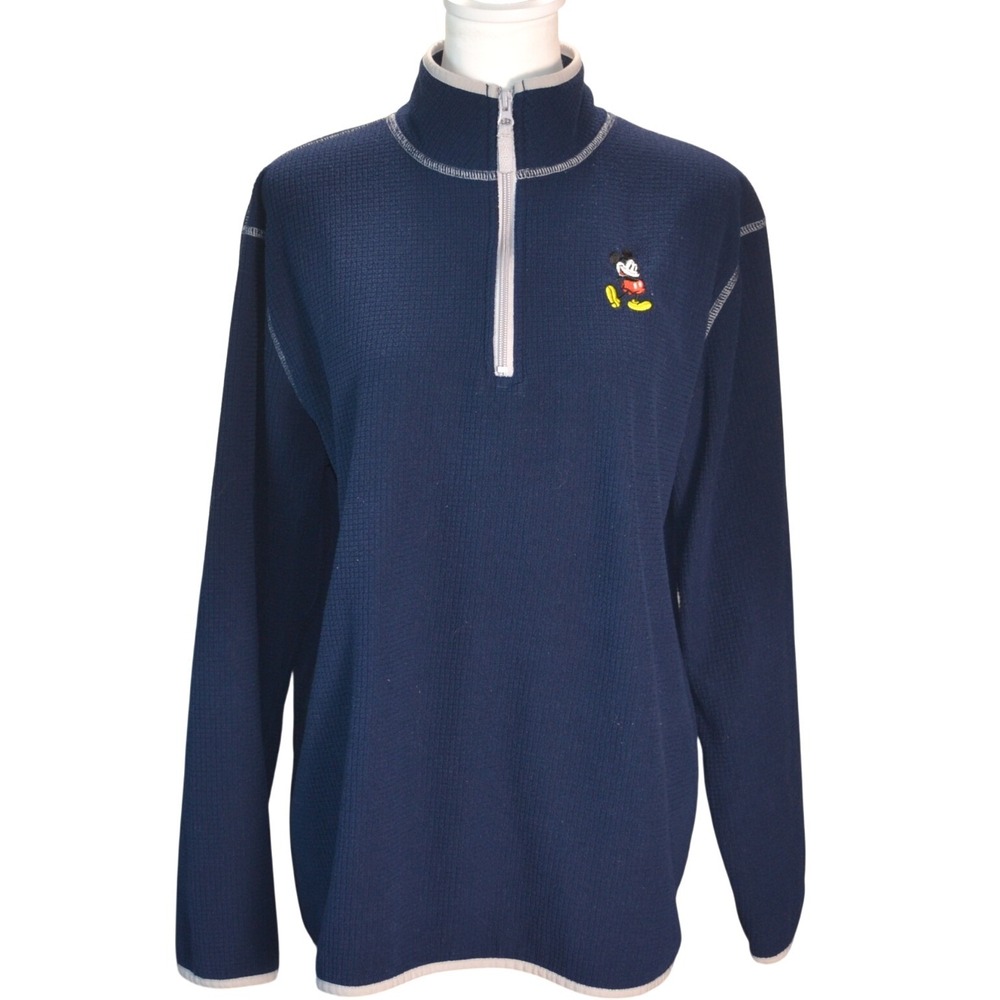 Disney Store Mickey Mouse Quarter Zip Pullover Navy Waffle Knit XL Embroidered